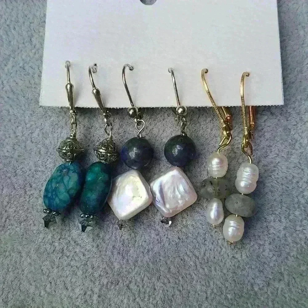 Vintage artisan handcrafted Dangl stones mothers of pearl turquoise earrings lot - Picture 4 of 12